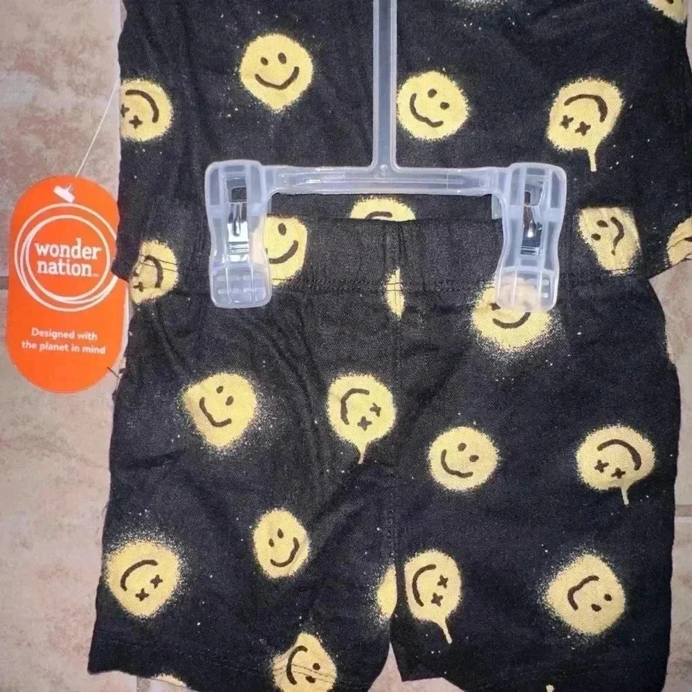 Boy,Wonder Nation,Smiley Face, Short Sleeve Shirt & Shorts Set 3-6M Black Yellow